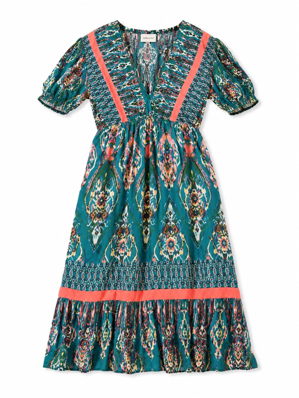 Vibrant Patterned Midi Dress in Teal and Coral